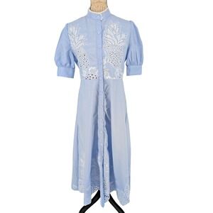 Eyelet Lace Womens Robe LARGE Baby Blue Button Up Bohemian Excellent Condition